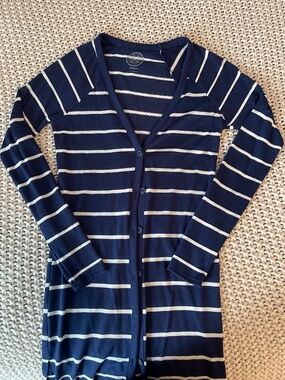 SO Women’s Medium Navy Blue Stripe Duster Cardigan Long Sleeve Button Front